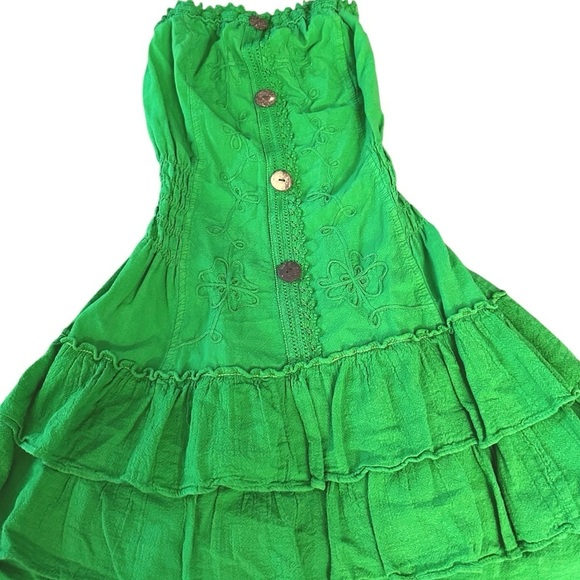 Strapless Green Embroidered Smocked Sundress Dress XS - Picture 4 of 7